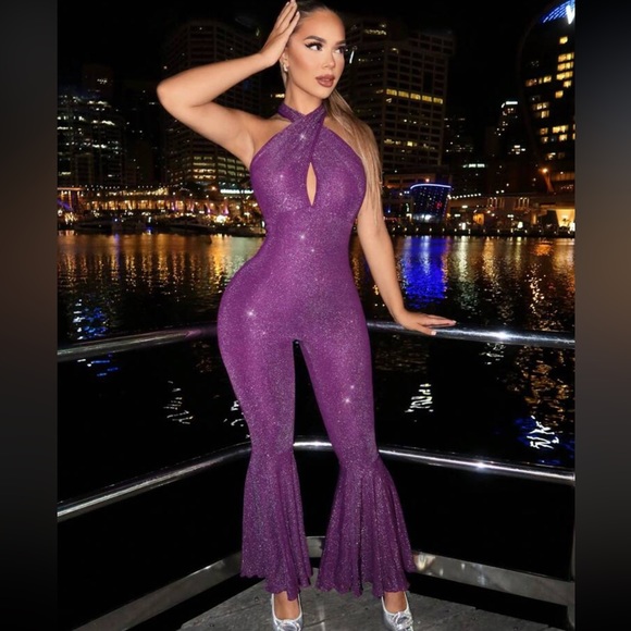 Women's Sparkly Party Cross Halter Flare Jumpsuit - Picture 4 of 5